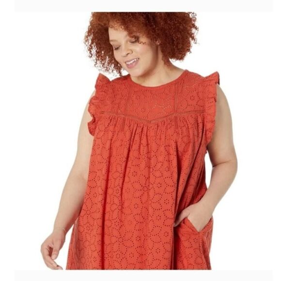 Madewell Eyelet Ruffle-Sleeve Pintuck Mini Dress Boho Fresh Chili Plus Size XXL - Picture 2 of 11